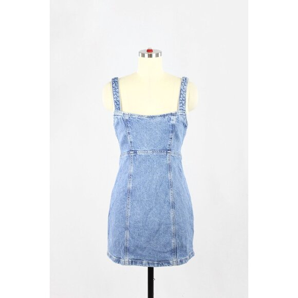 ZARA Medium Blue Cotton Denim Lace Up Back Mini Dress, Size M - Picture 1 of 13